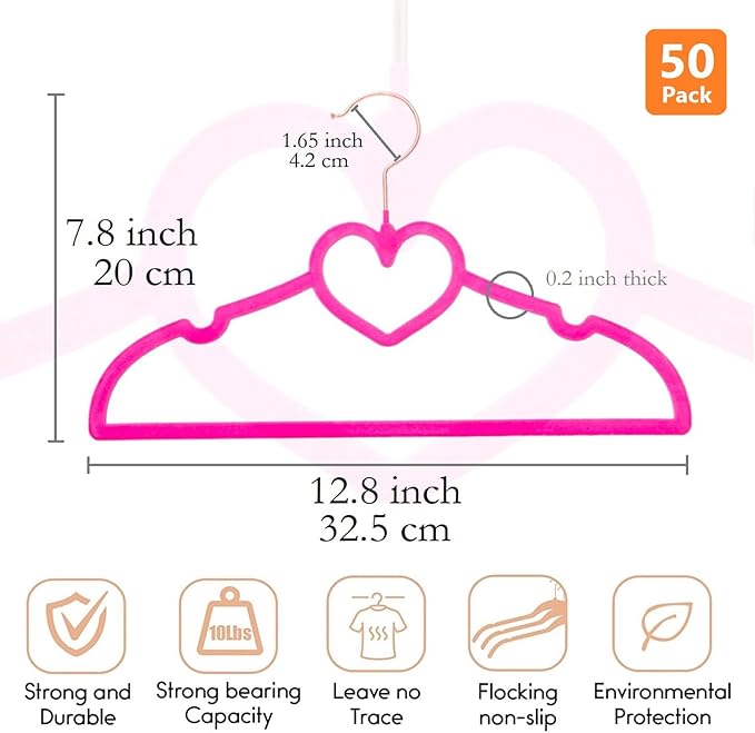 Kids Velvet Hangers 50 Pack, 12.8 Inch Non Slip Childrens Hangers, 360° Swivel Rose Gold Hook, Ultra Thin Space Saving Toddler Hangers - Baby Hangers for Closet (Hot Pink)