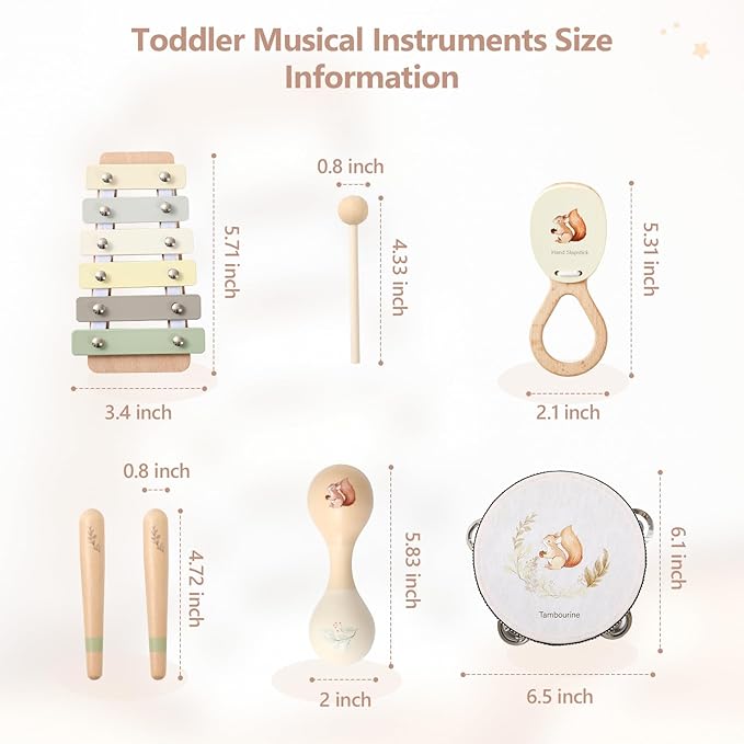 Baby Musical Instruments Set Wooden Montessori Musical Toys for Toddlers Neutral Colors Percussion Instruments Set with Modern Boho Xylophone Tambourine Educational Musical Toys for Preschool Kids
