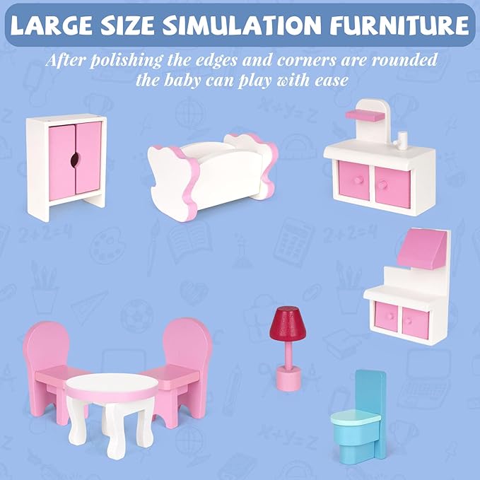 Wooden Dollhouse for Girls, 3-Story Doll House Playset with Furniture & Accessories, Large DIY Wooden Dream House for Kids, Pretend Play Dollhouse Kit, for Toddlers & Girls