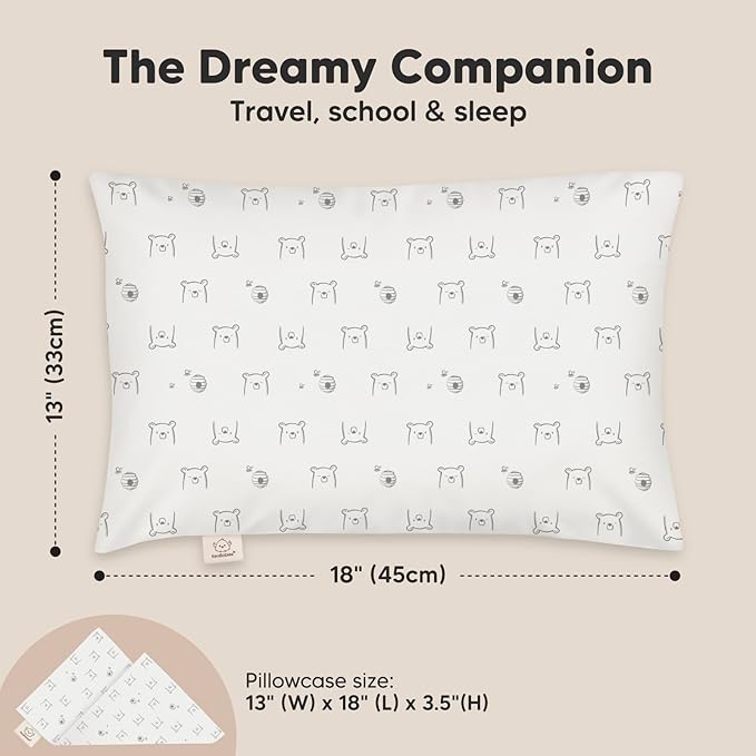 Toddler Pillow with Pillowcase - 13x18 My Little Dreamy Pillow, Organic Cotton Toddler Pillows for Sleeping, Kids Pillow, Travel Pillows, Mini Pillow, Nursery Pillow, Toddler Bed Pillow (Bumble Bear)