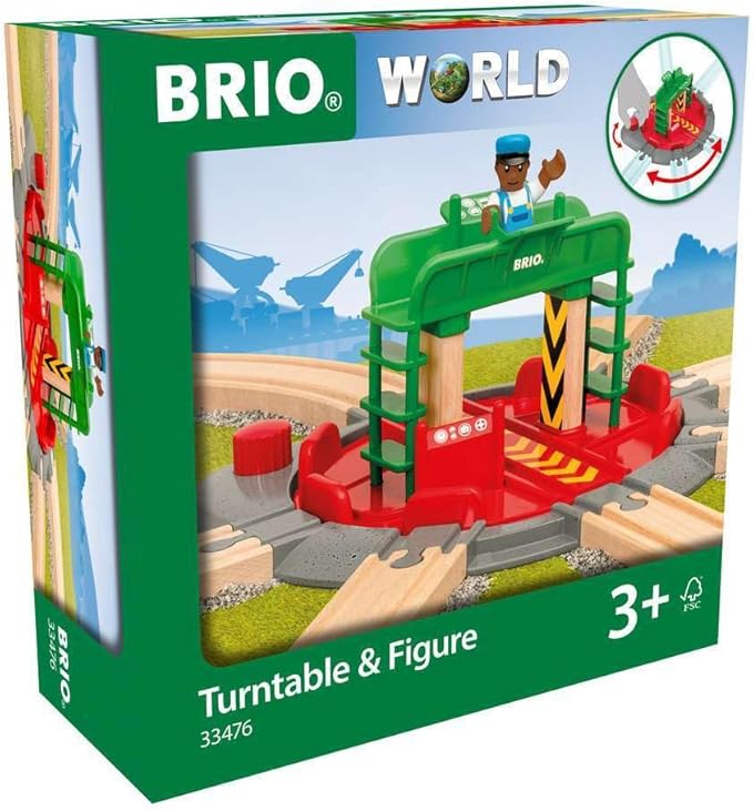 BRIO World 33476 - Turntable & Figure | 2 Piece Wooden Toy Train Accessory for Kids | Multiple Track Connection Points | Spacious Turntable | Poseable Train Engineer Figure | Ages 3 and Up