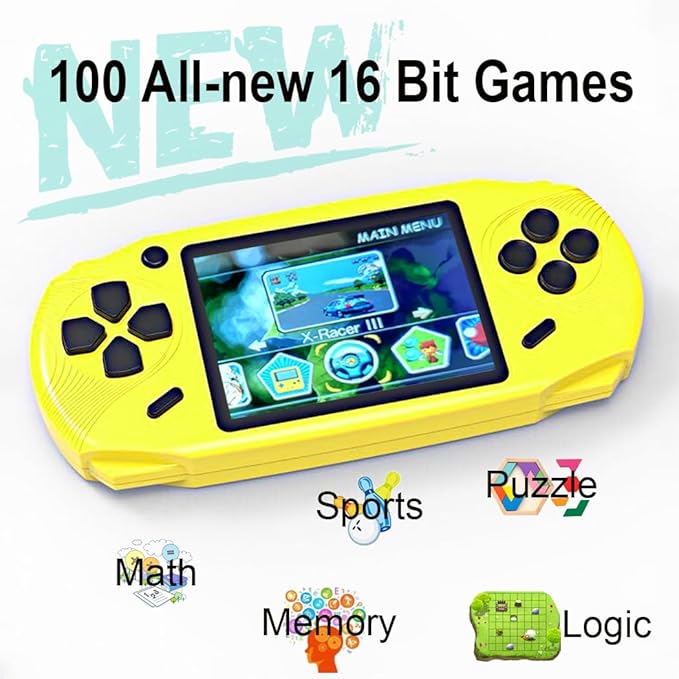16 Bit Handheld Games for Kids Adults 3.0'' Large Screen Preloaded 100 HD Classic Retro Video Games USB Rechargeable Seniors Electronic Game Player Birthday Xmas Present (Yellow)