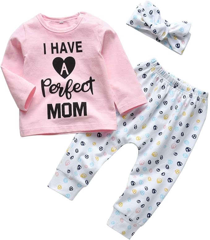 KuKitty 3Pcs Baby Girl Outfits Set Long Sleeve T-Shirt Tops Flowers Pants with Headband