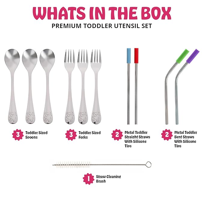 15 Pieces Toddler Kids Utensils Kids Silverware Set Stainless Steel, Safe Baby Utensils 3 Toddler Forks 3 Toddler Spoons 4 Reusable Metal Straws 4 Silicone Tips and Brush, Kid Utensils Flatware