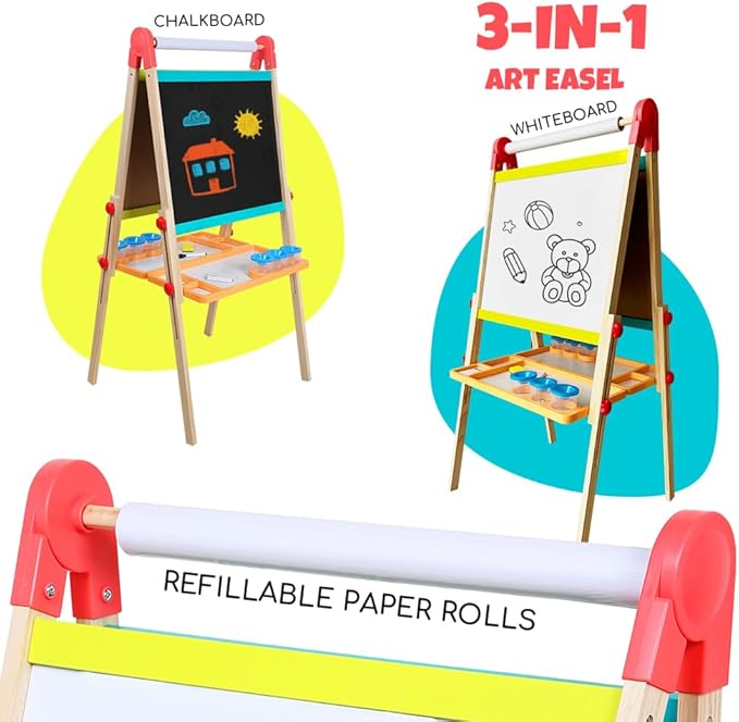 Kids Art Easel with Paper Roll, Art Easel Wooden Easel for Toddlers, Foldable Painting Easel for 2-12 Years Children, Height Adjustable Drawing Outdoor Easel