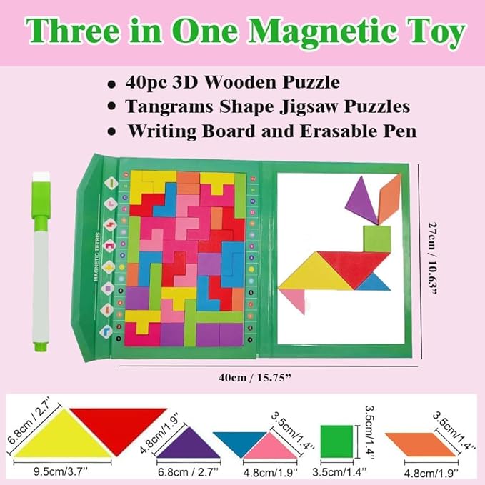 Wooden Blocks Puzzle Brain Teasers Toy (Magnetic version), Travel Tangram Puzzle - Magnetic Pattern Block Book Road Trip Game Jigsaw Shapes Dissection STEM Games with Solution for Kid Adult Challenge