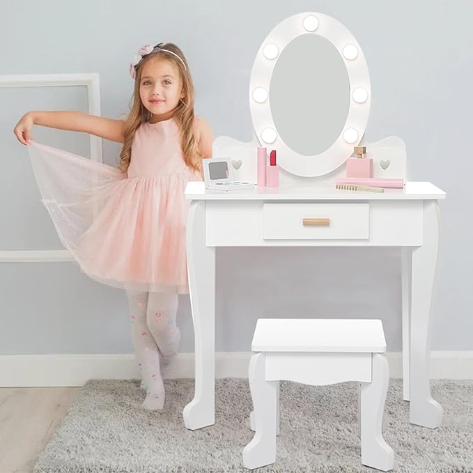 Kids' Vanity Set with Mirror and Light, Makeup Table and Stool for Girls, Vanity Table and Chair Set with Wood Makeup Playset for 4-9 Girls, White (Batteries Not Included)