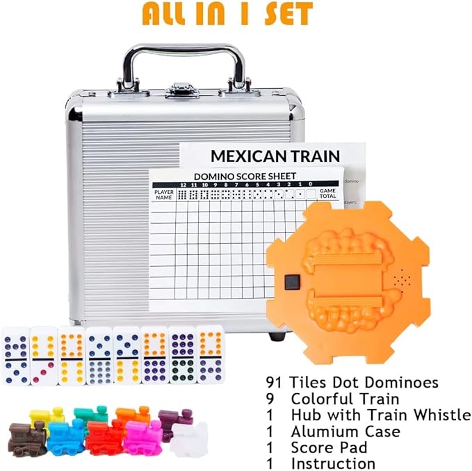 Yinlo Mexican Train Dominoes Set, Hub with Real Train Sound, Double 12 Colored Dot