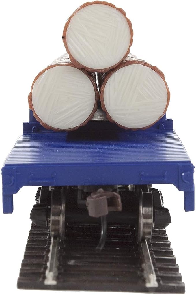 Walthers Trainline HO Scale Model Log Dump Car with 3 Logs - Ready to Run Alaska Railroad #17102 (Blue, Yellow Conspicuity Marks)