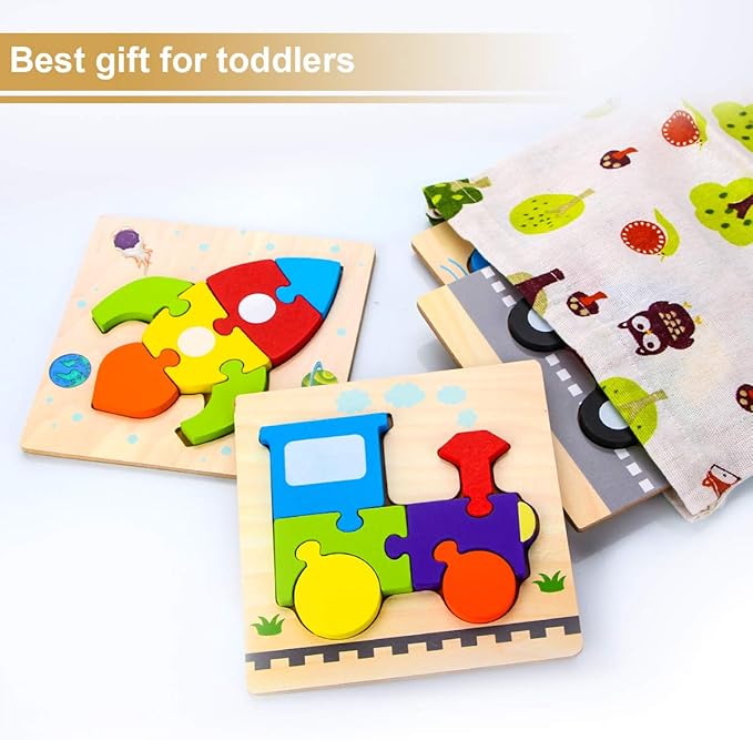 SKYFIELD Wooden Vehicle Toddler Puzzles for 1 2 3 Years Old Boys & Girls, Baby STEM Educational Toy Gift with 4 Vehicles Montessori Learning Puzzles, Bright Vibrant Color Shapes
