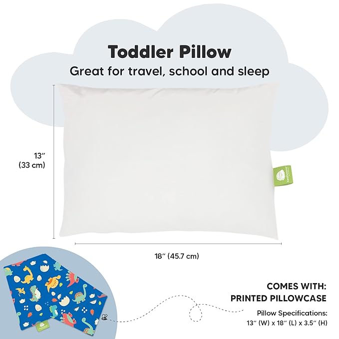 Toddler Pillow with Pillowcase - 13x18 My Little Dreamy Pillow, Organic Cotton Toddler Pillows for Sleeping, Kids Pillow, Travel Pillows, Mini Pillow, Nursery Pillow, Toddler Bed Pillow (DinoWorld)