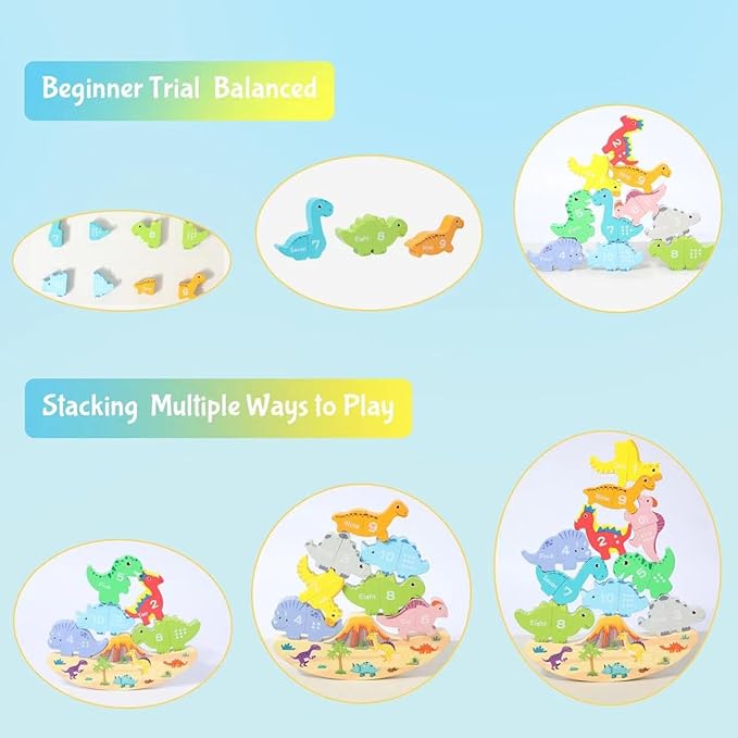 Magnetic Dinosaur Stacking Toys for Toddlers Age 1-3, Montessori Wooden with Numbers, Educational Balance Toy for Boys & Girls Easter Gift for 1 2 3Age, Dinosaur Stacking Game for Preschool Learning