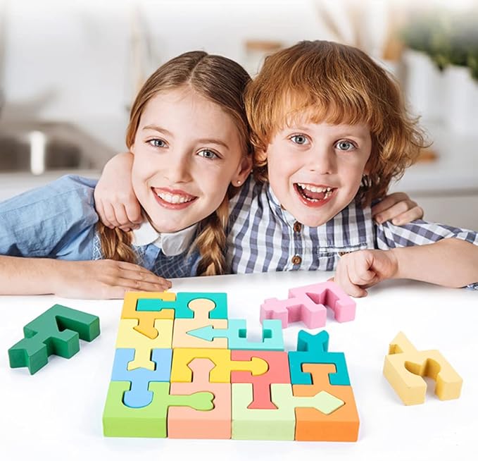 Wooden Shapes Puzzles Blocks Geometric Brain Teaser Montessori Toys Jigsaw 3D Logic IQ Game Shape Sorter Preschool STEM Educational Learning Gift for 3 4 5 6 Year Old Toddlers Kids Boys Girls