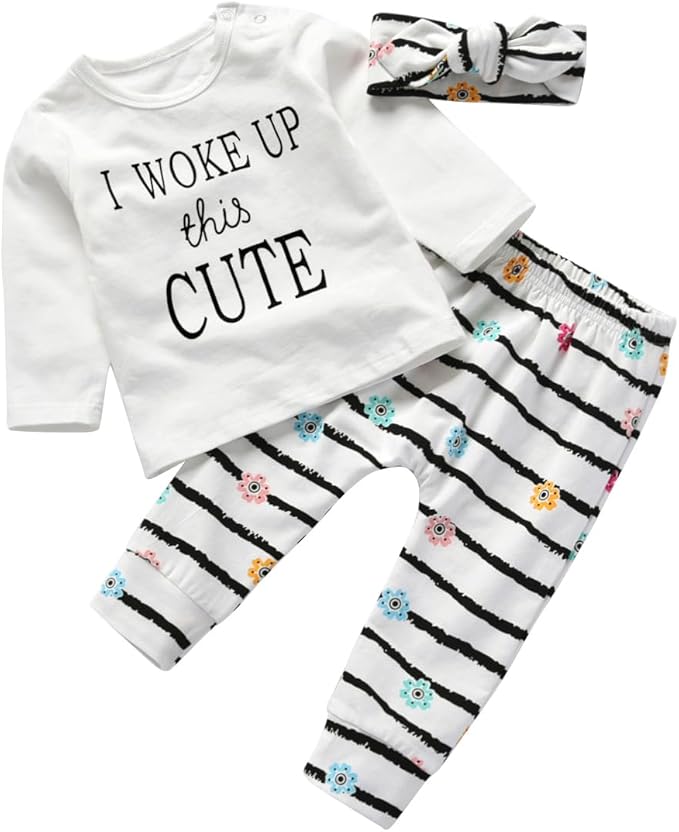 KuKitty 3Pcs Baby Girl Outfits Set Long Sleeve T-Shirt Tops Flowers Pants with Headband