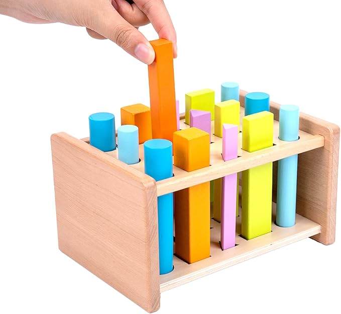 Montessori Toys for 1 2 3 Years Old Wooden 3D Shape Matching Toys,Wooden Posting Stand Montessori Color Sorting Sticks Game-Cognitive Shapes Colors,Educational Sensory Toy for Boys Girls Gift(15 Pcs)