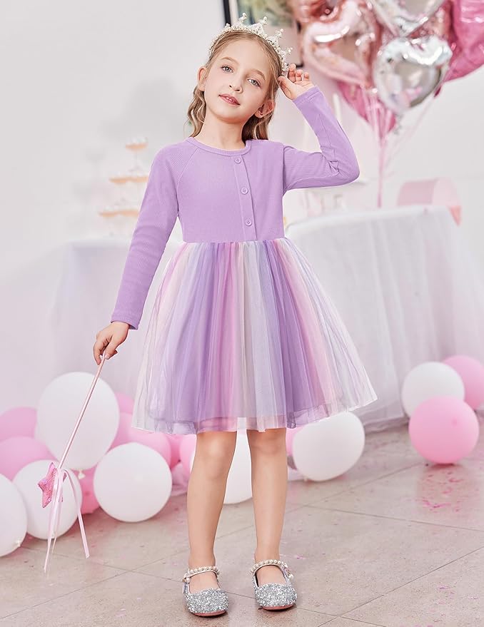 Arshiner Toddler Girls Tutu Dress Long Sleeve Fall Winter Button Front Party Tulle Dresses 2-8Y