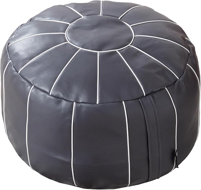 Louis Donné 21 Inch Unstuffed Moroccan Pouf Ottoman Cover, Handmade Faux Leather Foot Stool, Round Storage Poof Cover, Exotic Décor for Living Room Bedroom or Wedding Gifts (Light Gray)