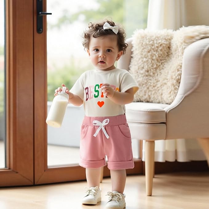 Douhoow Baby Girl Outfits Letter Print Short Sleeve Baby Girl Tops and Toddler Shorts 2 Pcs Girls Summer Clothes