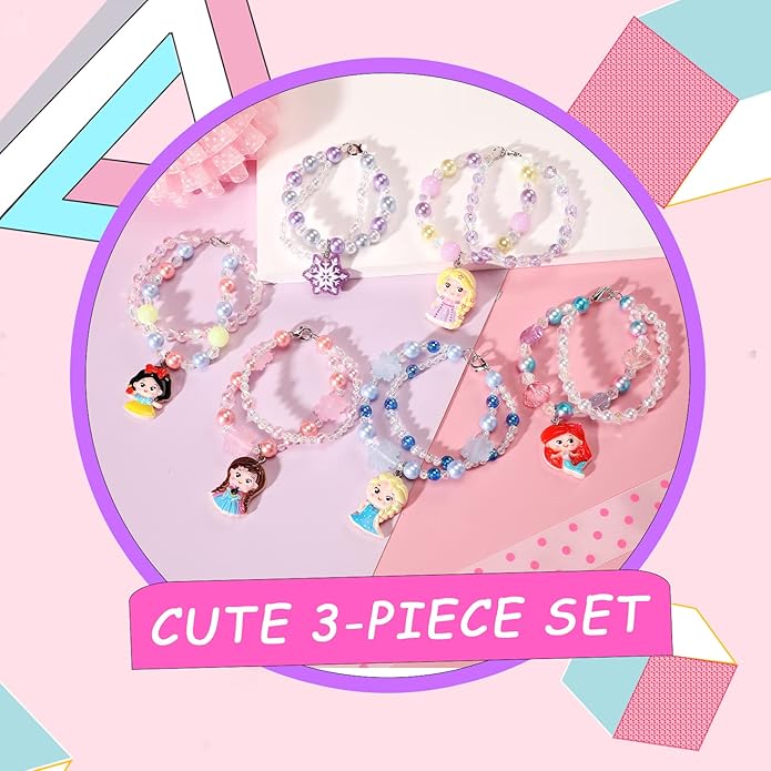 6 Sets Princess Beaded Bracelets for Girls, Princess Bracelets Dress Up Pretend Play Jewelry Set Party Favors Gift for Girls Kids