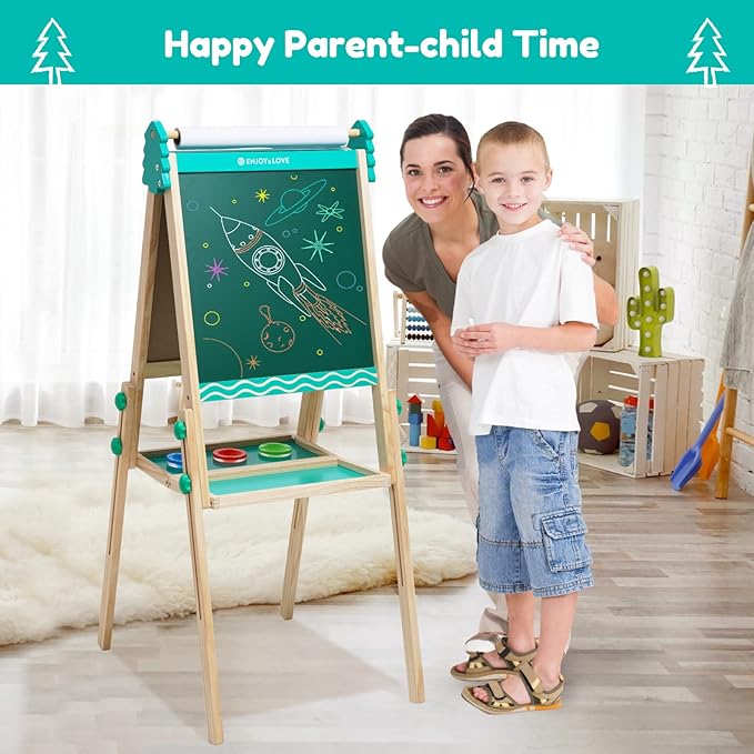 Kids Wooden Easel Foldable Double Sided Whiteboard Blackboard Children Art Easel with Storage, Height Adjustable Easel for Boys Girls Painting and Writing (with Gift Packs)