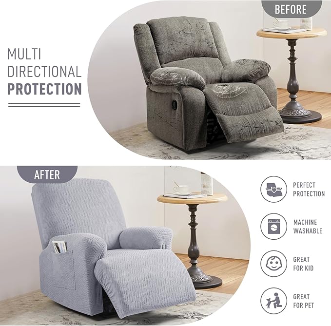KinCam Recliner Covers, Stretch Reclining Chair Covers, Recliner Sofa Slipcovers Stripe Jacquard Recliner Couch Covers Furniture Protector Covers for Pet Kid (1 Seater, Misty Gray)