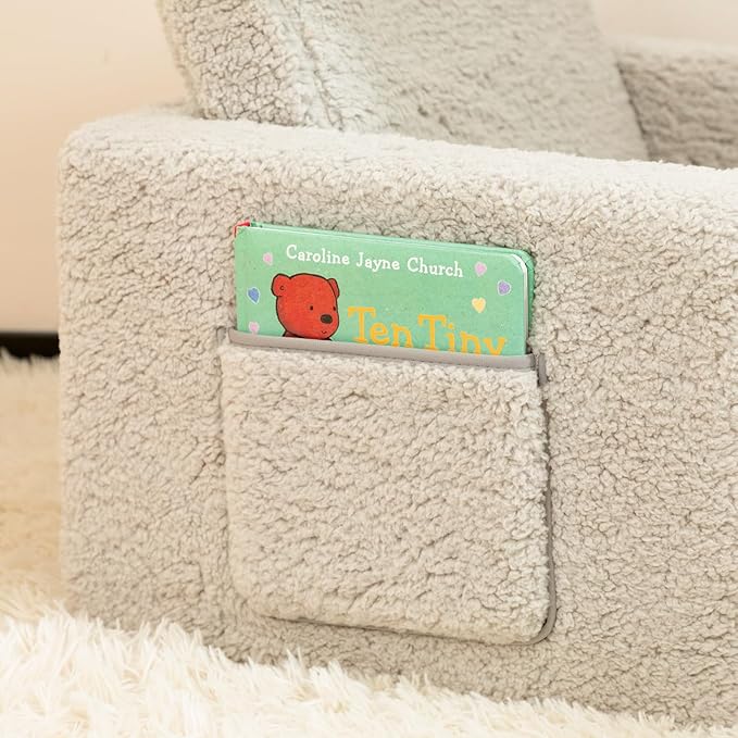 ALIMORDEN 2-in-1 Flip Out Cuddly Sherpa Toddler Couch, Convertible Sofa to Lounger, Light Grey