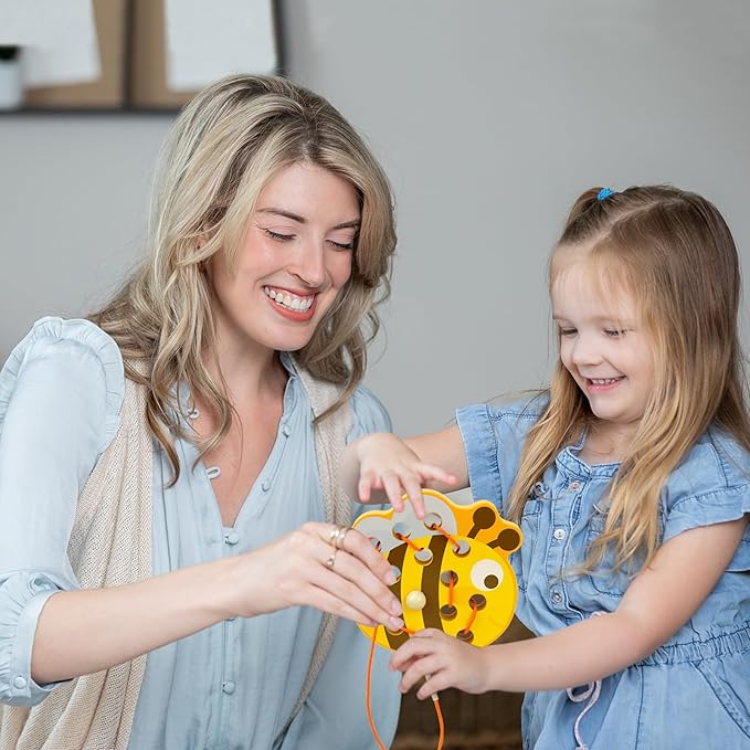 Sealive Wooden Lacing Toys for Toddlers - Fun and Educational Threading Set | Develop Fine Motor Skills | Durable Montessori Toy for Travel (Bee)