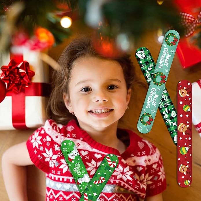 KIMOBER 48PCS Christmas Slap Bracelets,Assorted Snap Wristbands with Xmas Elements for Kids Party Favors