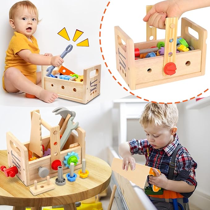 Wooden Tool Set Montessori Toys for 2 3 4 5 Year Old Boy, 29Pcs Stem Toys Toddler Educational Toys Age 2-3, Tool Bench Pretend Play Construction Learning Toys for Toddler Birthday Gifts