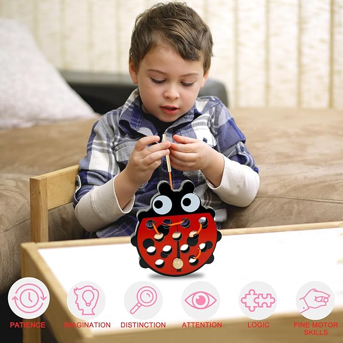 Sealive Wooden Lacing Toys for Toddlers - Fun Learning Activity for Preschoolers | Develop Fine Motor Skills | Durable Montessori Toy for Travel (Ladybug)