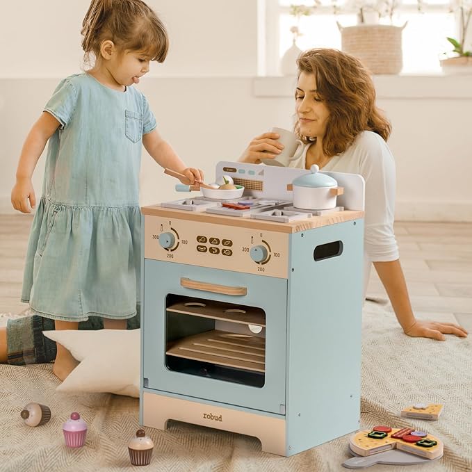 ROBUD Wooden Kids Oven, Realistic Wooden Play Kitchen Set, Pretend Play Kitchen Accessories Toy Kitchen Set for Kids with Cupcakes, Pizza, Tray – Best Gift for Boys & Girls