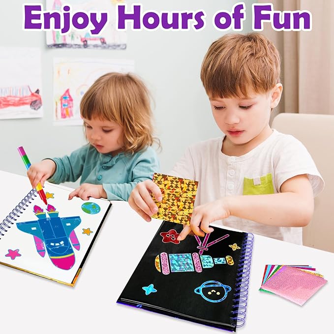Foil Art Craft Activity for Kids: Fun DIY Toy Sticker Kit, No Mess Creative Travel Supply Set, Idea Birthday Easter Basket Stuffers Valentines Gift for Girl Boy Toddler 4 5 6 7 8 9 Year Old(Space)