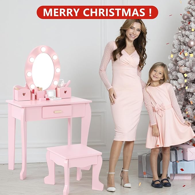 Kids' Vanity Set with Mirror and Light, Makeup Table and Stool for Girls, Vanity Table and Chair Set with Wood Makeup Playset for 4-9 Girls, Pink (Batteries Not Included)