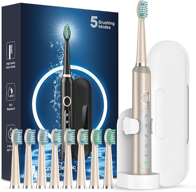 Rtauys M5 Sonic Electric Toothbrush for Adults - Rechargeable Electric Toothbrushes with 8 Brush Heads & Holder, Travel Case, Power Electric Toothbrush,3 Hours Charge for 120 Days - Champagne Gold