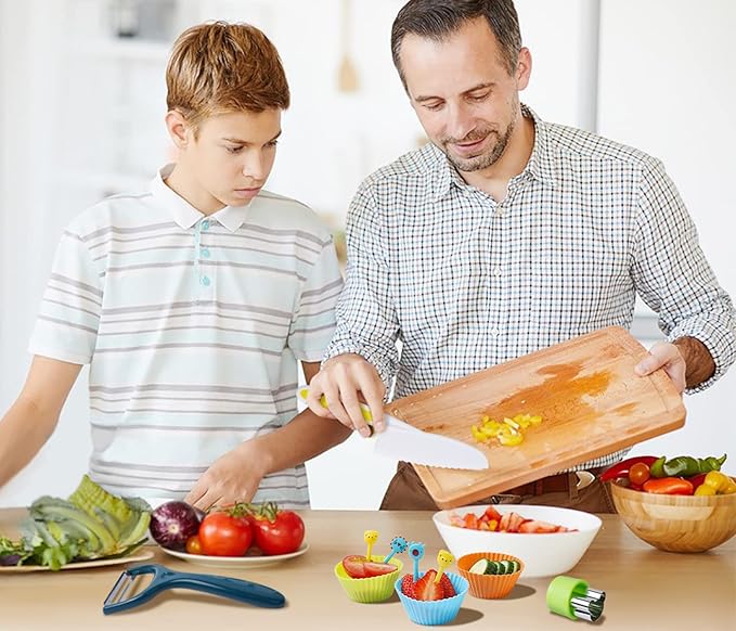 Kids Safe Knives Set, 30 Pieces Kids Wooden Kitchen Knife Kits for Real Cooking with Cutting Board, Peeler, Potato Slicer, Fruit Cutters Shapes and Fork Picks, Dishwasher Safe