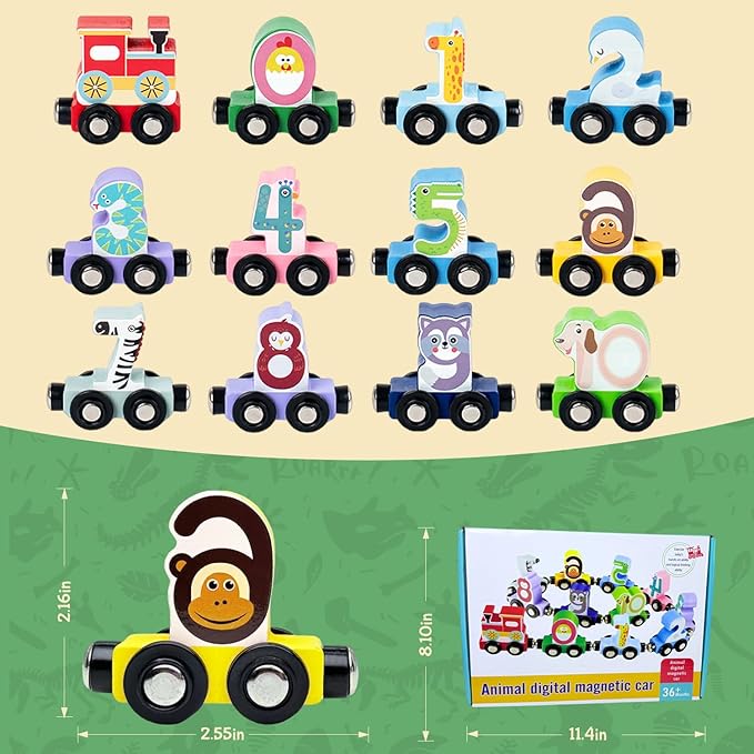 Toddlers Toy for 1 2 3 Years Old Boys Girls, 12 Magnetic Wooden Animal Digital Train Set with Storage Bag,Montessori Toys for 2-3 Years Old Toddlers, Christmas Birthday Easter Gift for Baby Toddlers