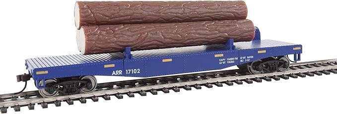 Walthers Trainline HO Scale Model Log Dump Car with 3 Logs - Ready to Run Alaska Railroad #17102 (Blue, Yellow Conspicuity Marks)