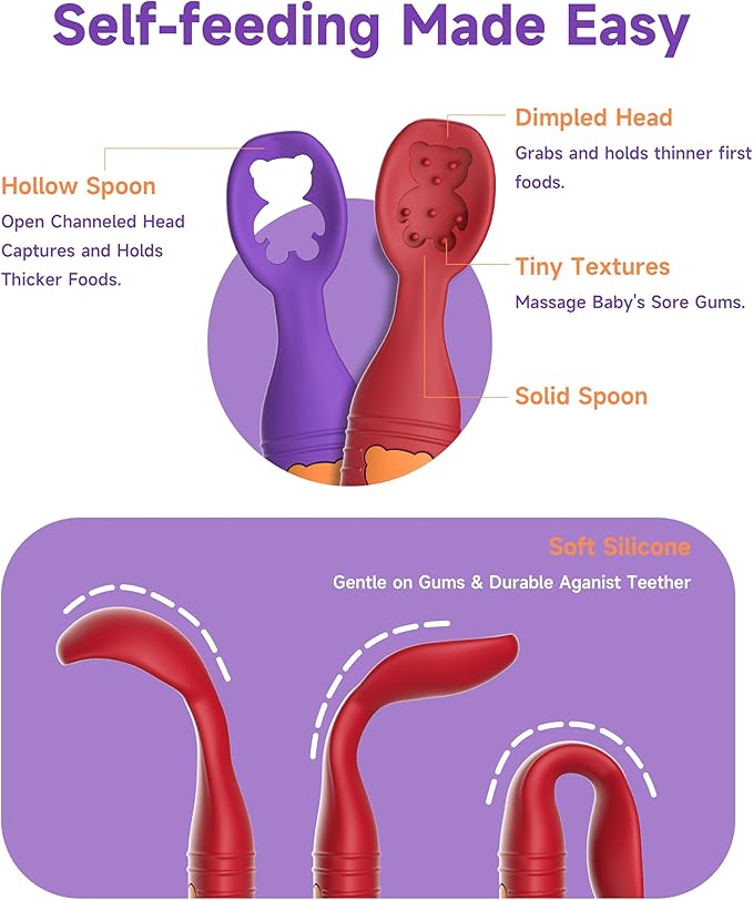 2 Pack Baby Spoons, First Stage Spoons, Food Grade Silicone, 6+ Months, Teething for Self Feeding, Toddler Utensils for Baby Led Weaning, BPA Free