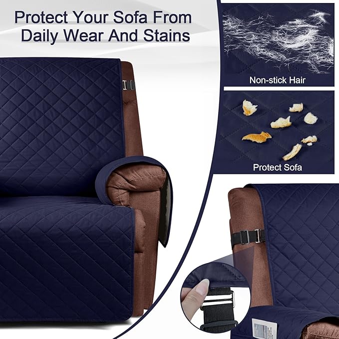 KinCam 100% Waterproof Recliner Chair Cover, Reclining Couch Covers for Pets, Dogs, Recliner Couch Slipcover Furniture Protector with Elastic Straps for Kids(30", Dark Blue)