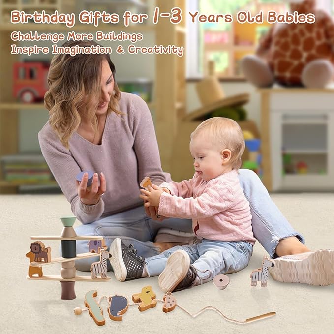 Wooden Animals Threading Toys Lacing Beads for Toddlers 2 3 4 5 Years Old, Stacking Blocks Balance Toy, Educational Preschool Learning Toy, Montessori Activities for Boys & Girls
