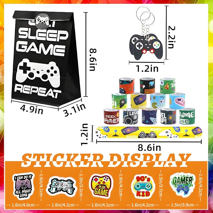 24 sets of Video Game Party Favors, 220 Pcs Gamer party Favors - Gaming Birthday Goodie Bags Included Gift Bags, Game Keychain, Slap Bracelet, Stickers, Game Ring, Hand Strap for Gaming Kids