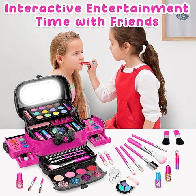 58Pcs Kids Makeup Kit for Girl - Real Washable Cosmetic Set with Light Up Mirror - Kids Makeup Sets for Girls -Play Make Up Birthday for Age 3 4 5 6 7 8 9 10 11 12 Years Old Kid -Rose