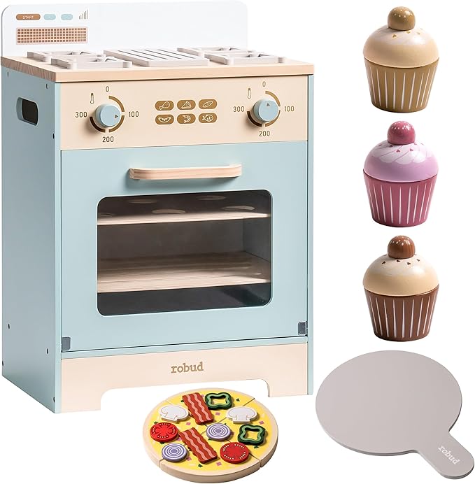 ROBOTIME Wooden Toy Kitchen Oven Playset, Montessori Pretend Play Kitchen Accessories with Pizza and Cupcakes Food Toys, Wooden Pizza Oven Set Toys for Toddlers & Kids
