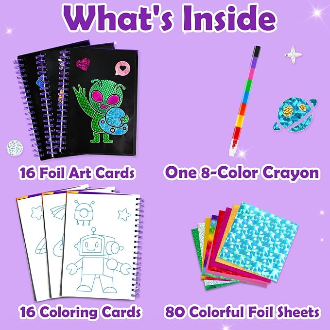 Foil Art Craft Activity for Kids: Fun DIY Toy Sticker Kit, No Mess Creative Travel Supply Set, Idea Birthday Easter Basket Stuffers Valentines Gift for Girl Boy Toddler 4 5 6 7 8 9 Year Old(Space)