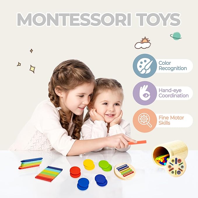 Montessori Toys for 1 2 3 Year Old: 3-in-1 Wooden Color Sorting Toys for Toddlers 1-3, Educational Fine Motor Skills Learning Toys, Preschool Baby Boys Girls Gifts for 18 Month Christmas Birthday