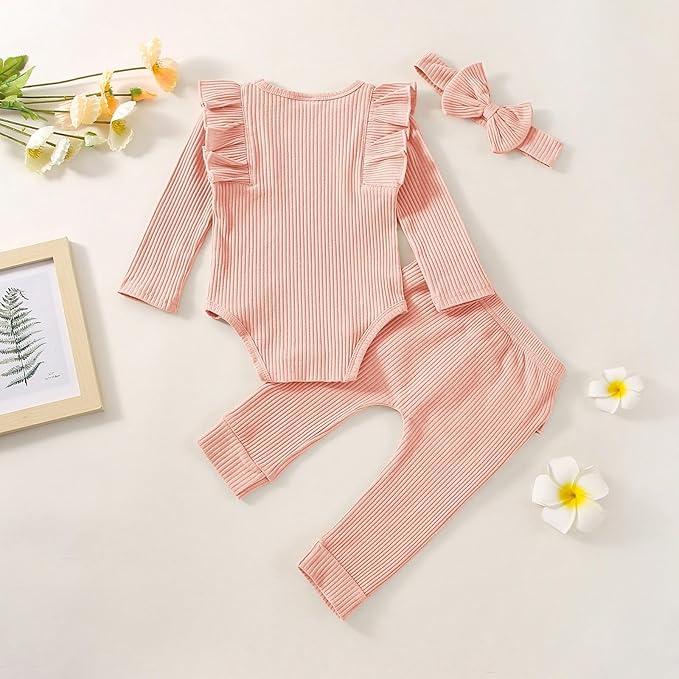 Baby Girl Clothes Newborn Infant Fall Winter Outifts Ribbed Ruffle Long Sleeve Romper Pant Outfit Set 3pcs 0-18Months