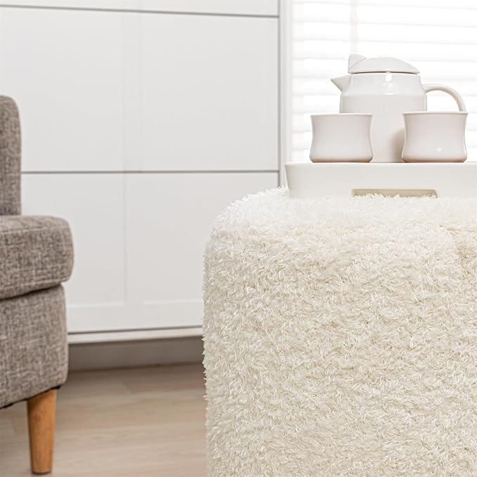 Round Ottoman Soft Chair 14.6x14.6x18 Inches Boucle Ottoman Multifunctional Ottoman Foot Rest Fluffy Fur Ottoman Stool Pouf Footrest Stool for Living Room Bedroom (Cream)