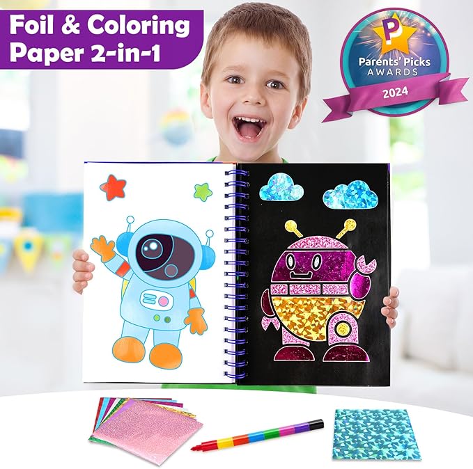 Foil Art Craft Activity for Kids: Fun DIY Toy Sticker Kit, No Mess Creative Travel Supply Set, Idea Birthday Easter Basket Stuffers Valentines Gift for Girl Boy Toddler 4 5 6 7 8 9 Year Old(Space)