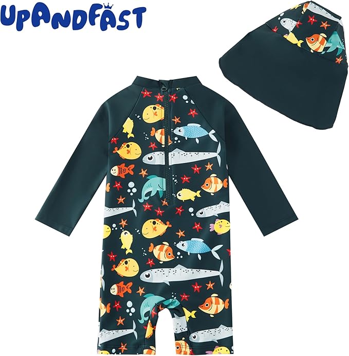upandfast Baby/Toddler Swimsuit UPF 50+ Sun Protection One Piece Zipper Bathing Suit with Sun Hat Infant Beach Swimwear