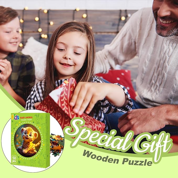 Wooden Jigsaw Puzzles for Kids Ages 4-6, 50 Piece Unique Shape Animal Theme Puzzle - Preschool Learning Educational Toys for Kids 3+, Valentines Day Birthday Easter Gifts for Kids Girls Boys (leopard)